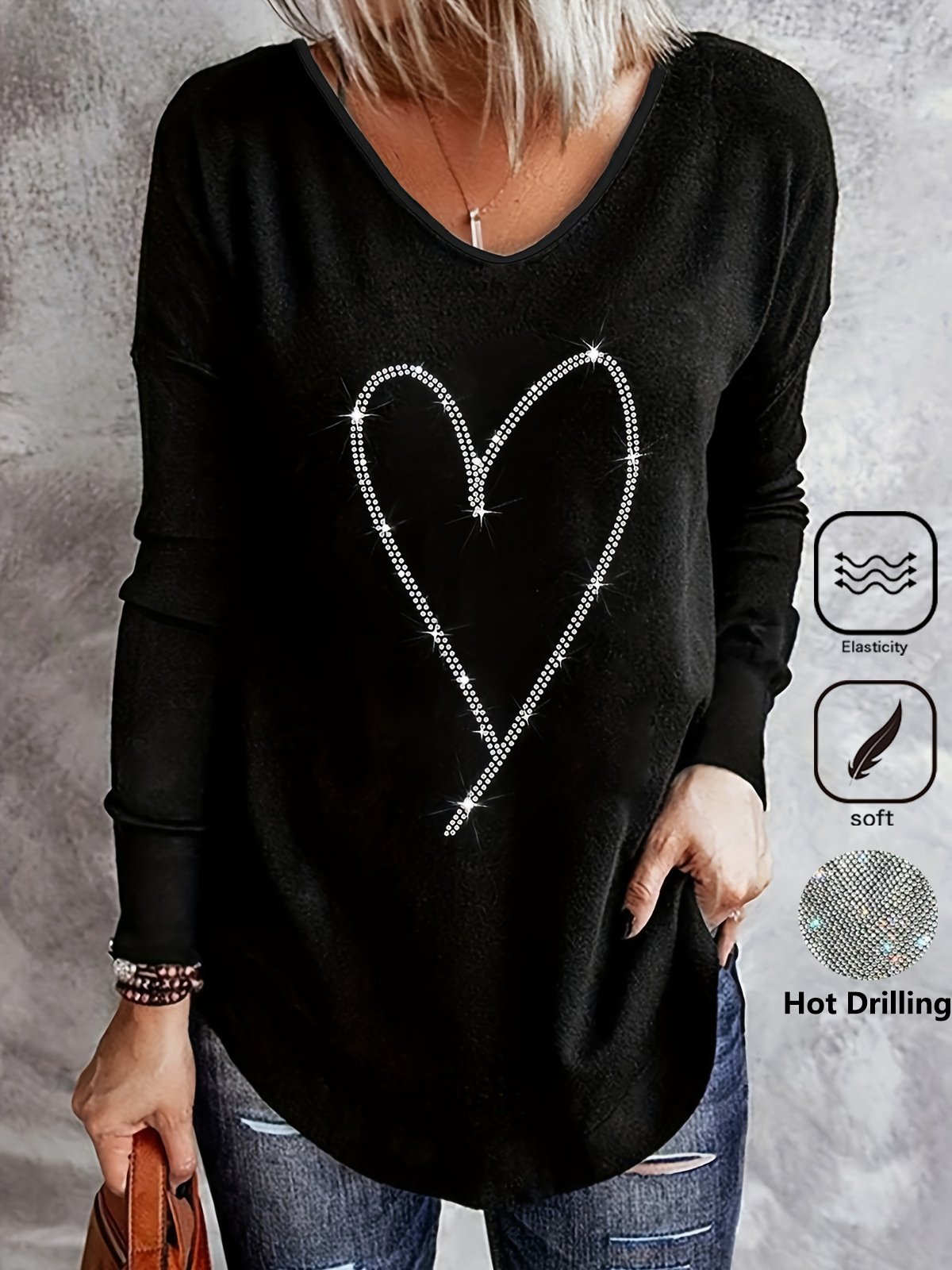 Women's Long Sleeve Tee T-shirt Spring/Fall Heart/Cordate Hot Drilling Cotton V Neck Holiday Going Out Casual Top