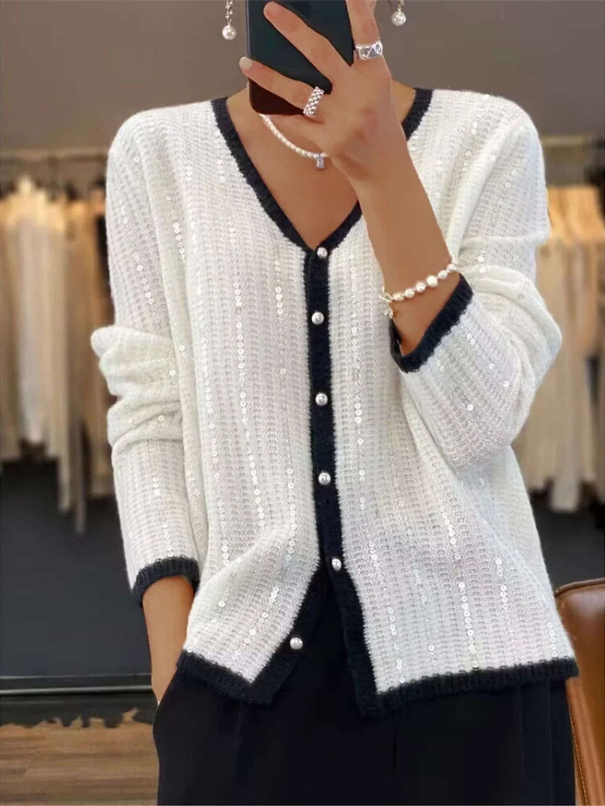 Women's Casual Winter Plain Glitter Cardigan