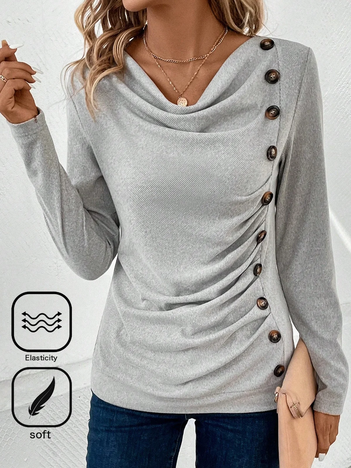 Women's Long Sleeve Tee T-shirt Spring/Fall Plain Buttoned Daily Going Out Casual Top