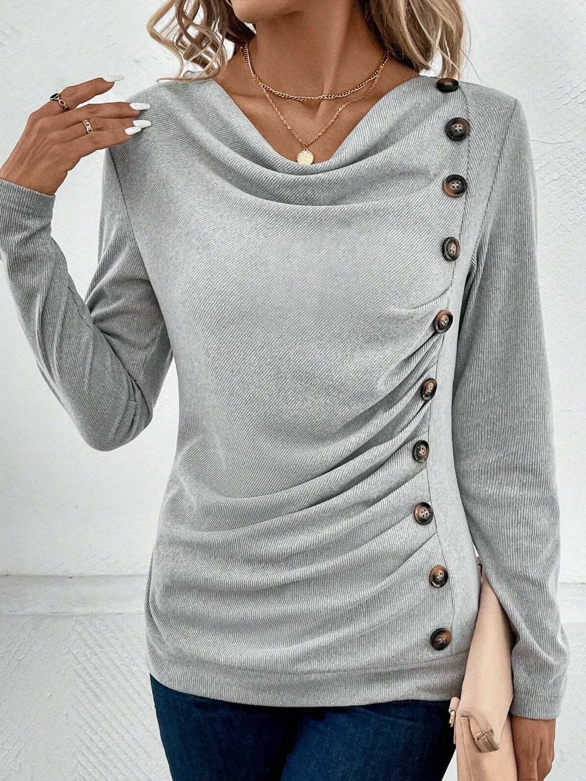 Women's Long Sleeve Tee T-shirt Spring/Fall Plain Buttoned Daily Going Out Casual Top