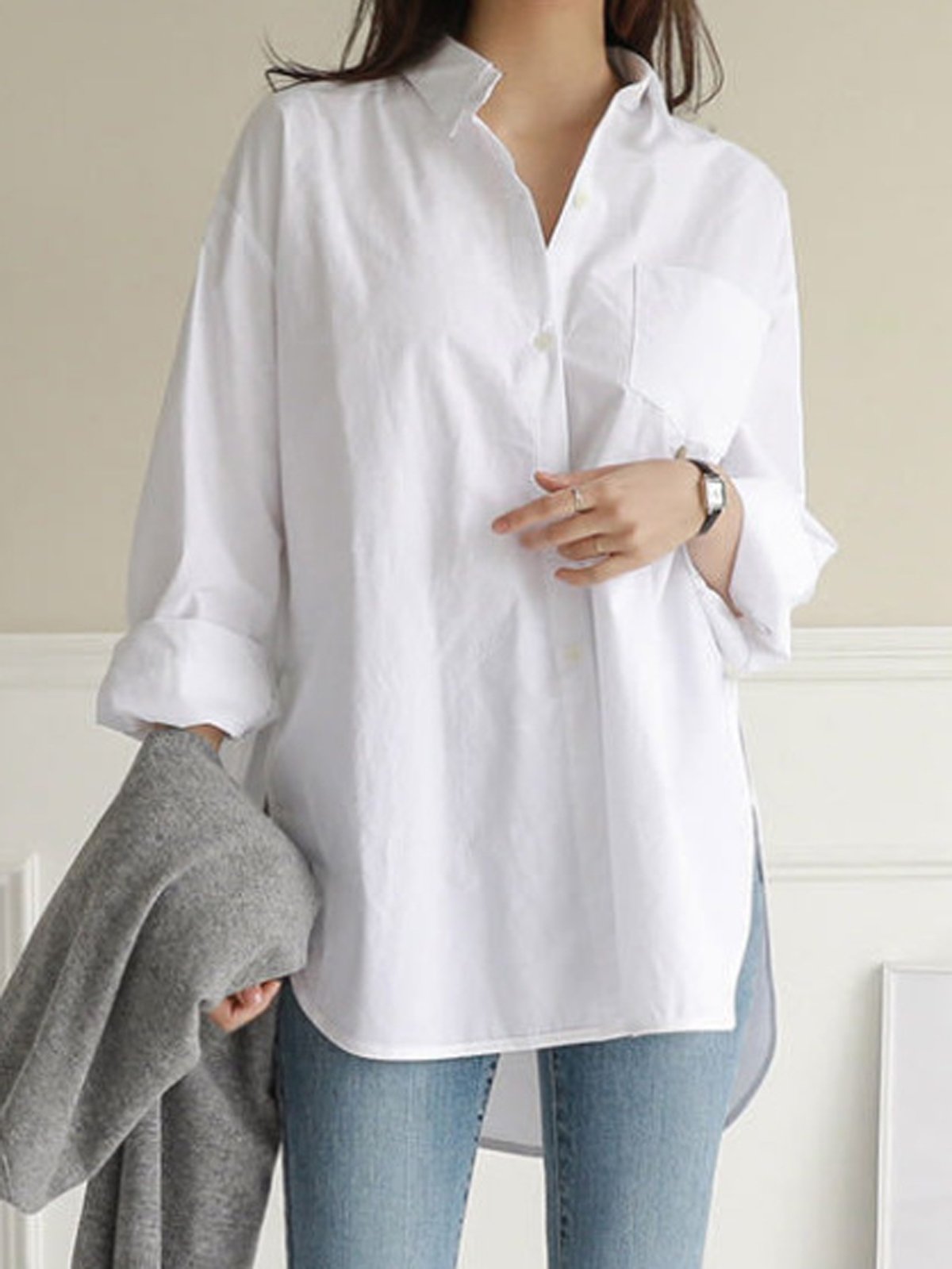 Women's Long Sleeve Shirt Spring/Fall Plain Cotton Shirt Collar Daily Going Out Casual Top