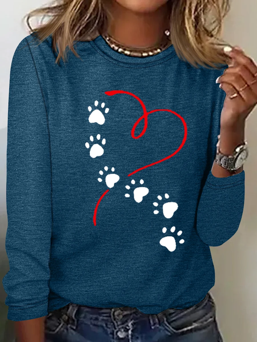 Women's Love Dog Paw Print Long Sleeve Crew Neck T-Shirt