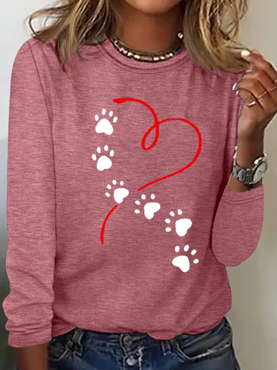 Women's Love Dog Paw Print Long Sleeve Crew Neck T-Shirt