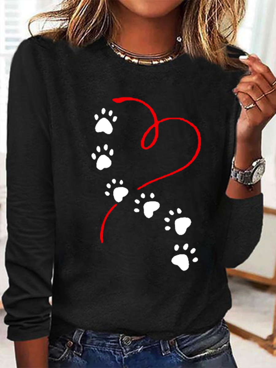 Women's Love Dog Paw Print Long Sleeve Crew Neck T-Shirt