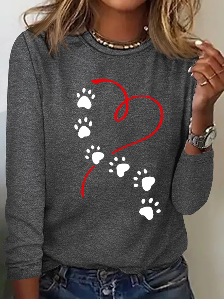 Women's Love Dog Paw Print Long Sleeve Crew Neck T-Shirt