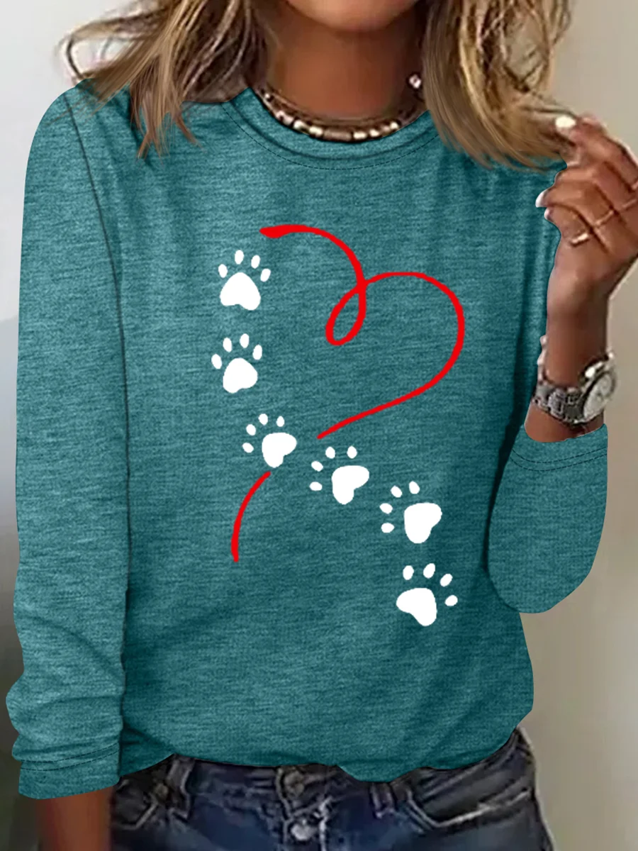 Women's Love Dog Paw Print Long Sleeve Crew Neck T-Shirt