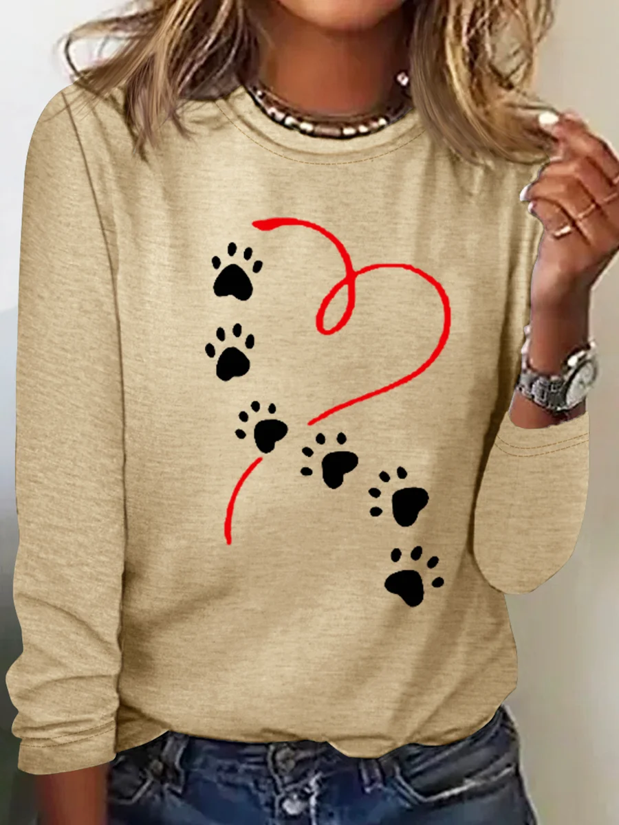 Women's Love Dog Paw Print Long Sleeve Crew Neck T-Shirt