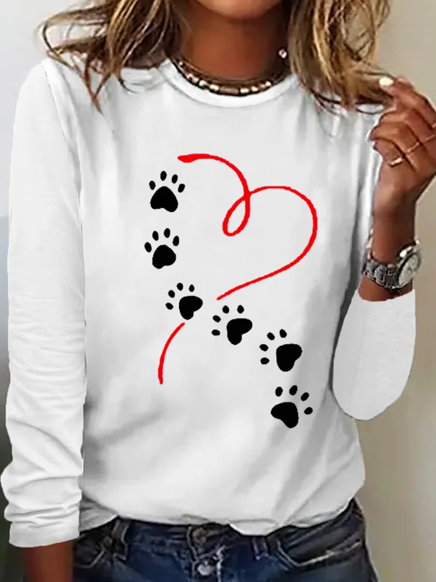 Women's Love Dog Paw Print Long Sleeve Crew Neck T-Shirt