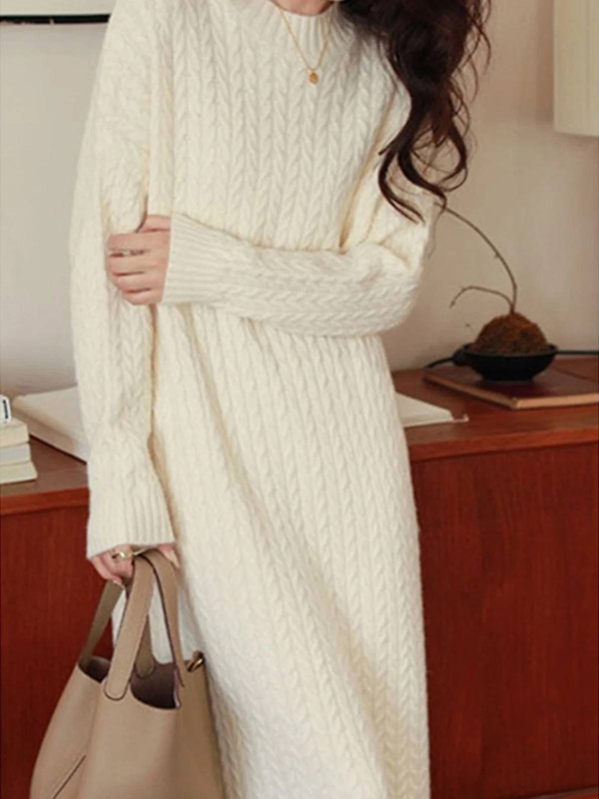 Women's Long Sleeve Autumn Plain Yarn/Wool Yarn Dress Crew Neck Daily Going Out Casual Midi H-Line Sweater