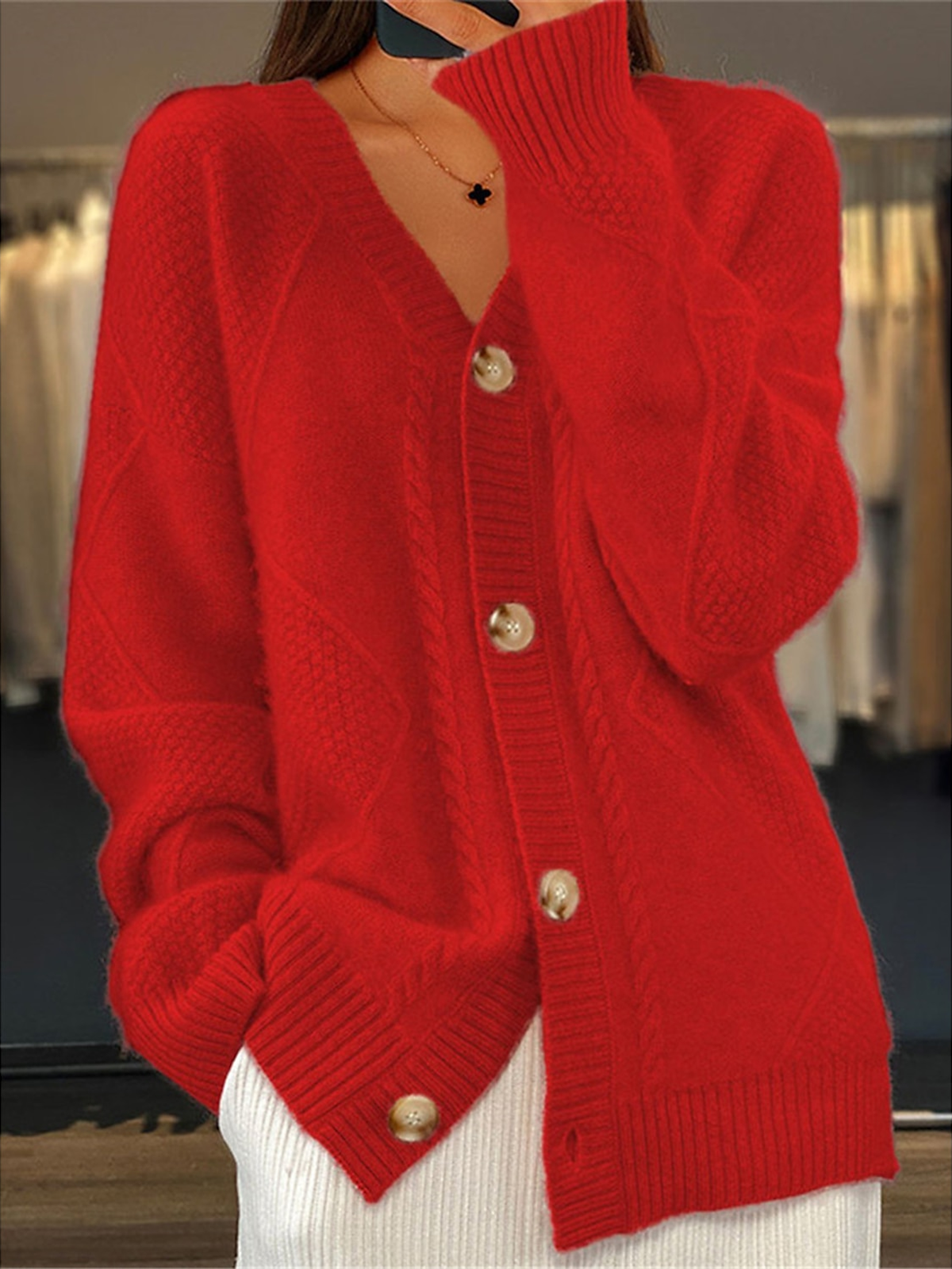 Women's Casual Winter Plain Wool/Knitting Cardigan