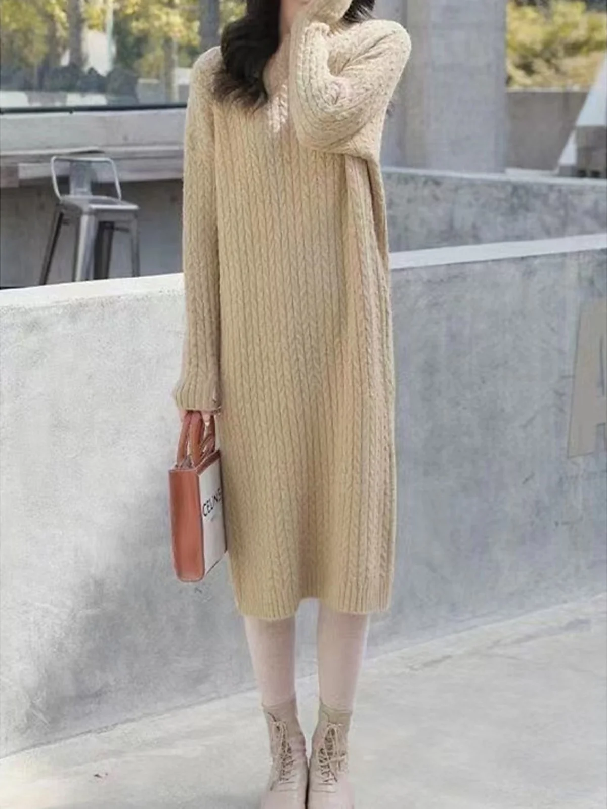 Women's Long Sleeve Autumn Plain Yarn/Wool Yarn Dress Crew Neck Daily Going Out Casual Midi H-Line Sweater