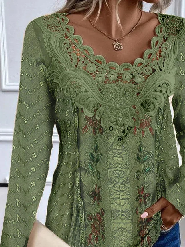 Women's Long Sleeve Blouse Spring/Fall Random Print Lace Jersey Crew Neck Daily Going Out Casual Top Green