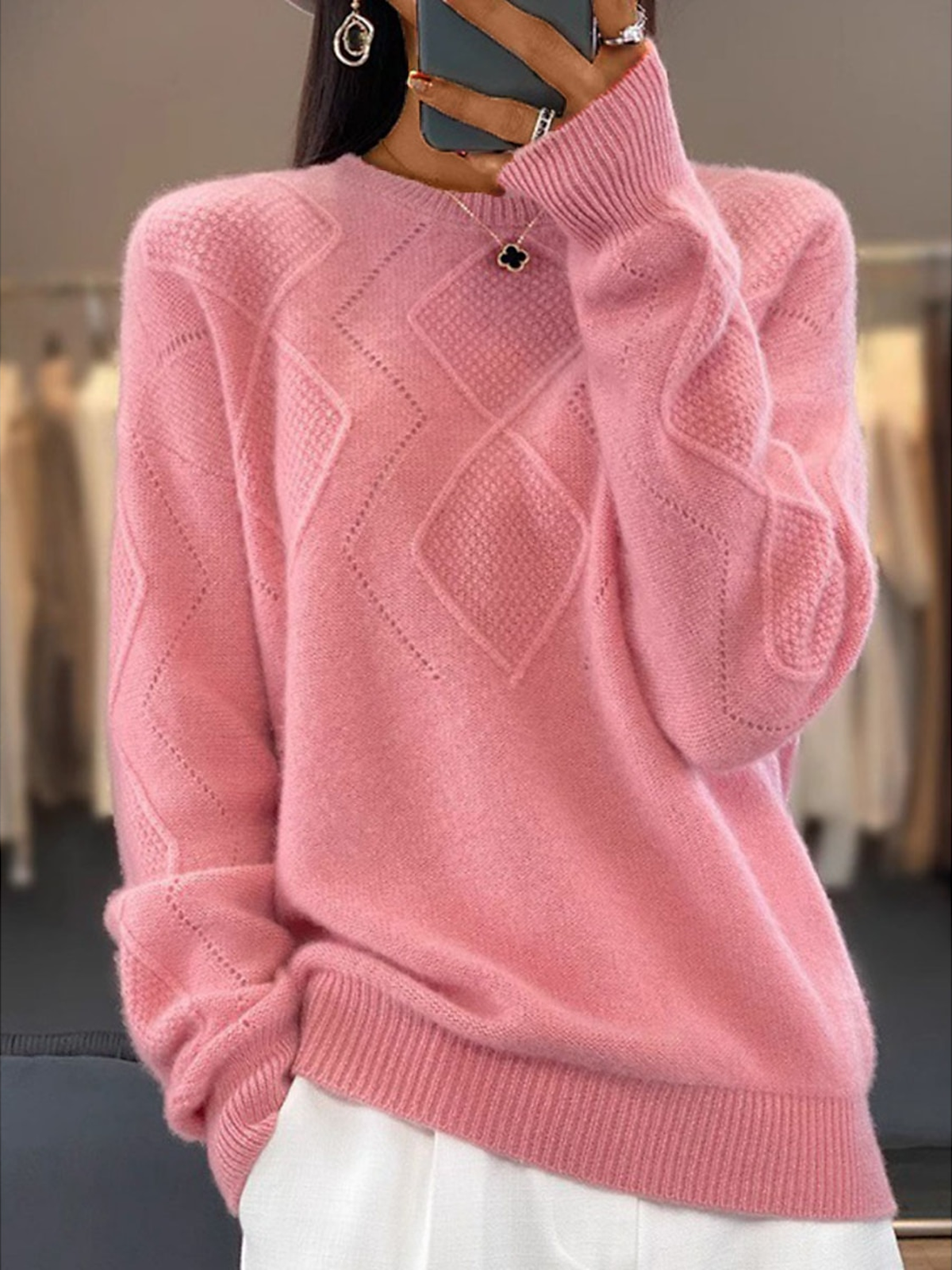 Women's Winter Plain Casual Long Sleeve Crew Neck Wool/Knitting Sweater