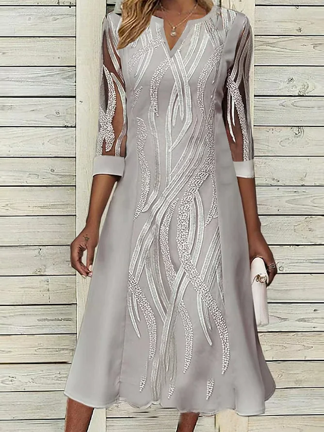 Women Lace Notched Neck Half Sleeve Formal Elegant Midi Dress Wedding ...