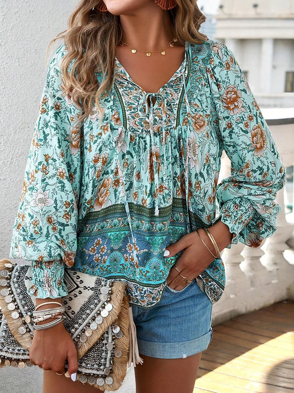 Women's Long Sleeve Blouse Spring/Fall Ethnic V Neck Daily Going Out Boho Top Green