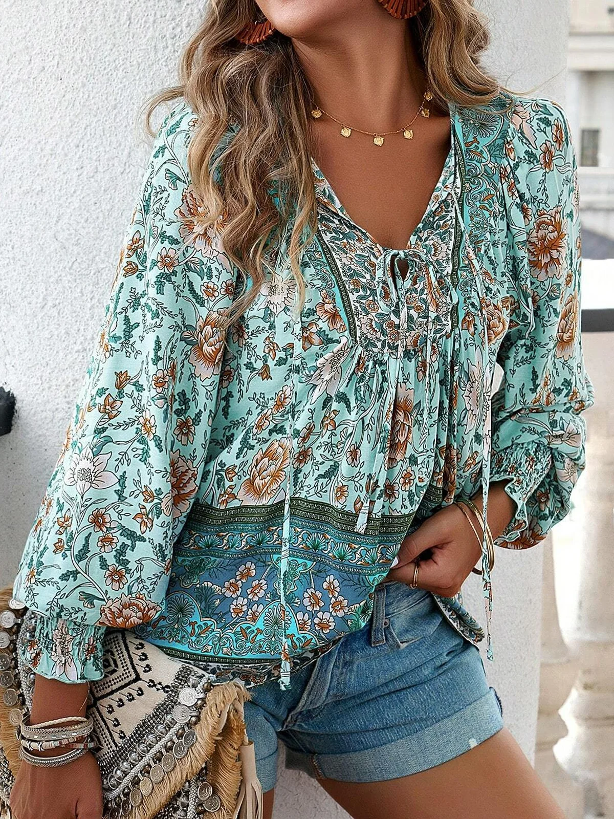 Women's Long Sleeve Blouse Spring/Fall Ethnic V Neck Daily Going Out Boho Top Green