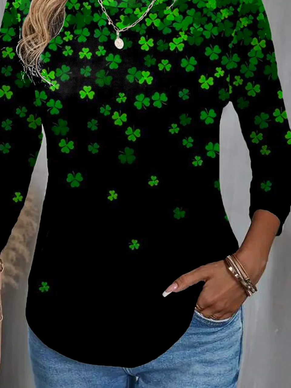 Women's St Patricks Day Four-leaf Clover Three Quarter Sleeve T-shirt