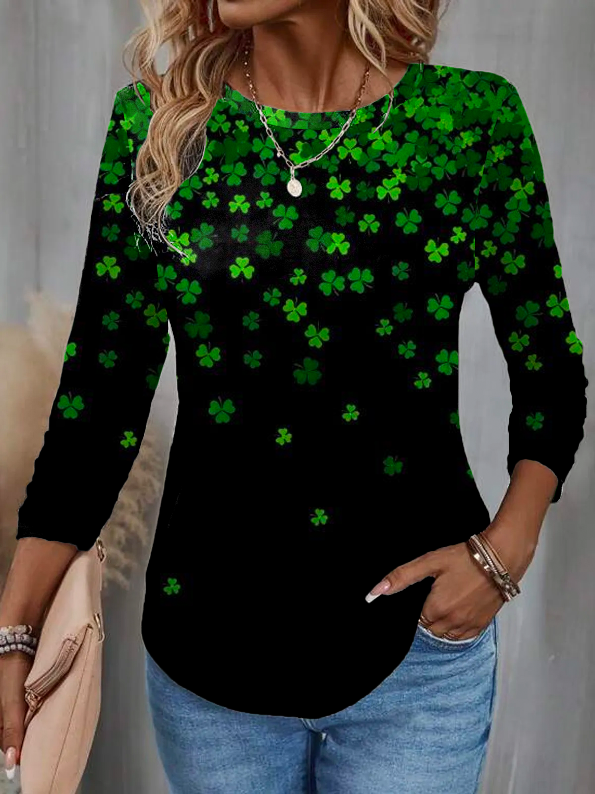 Women's St Patricks Day Four-leaf Clover Three Quarter Sleeve T-shirt