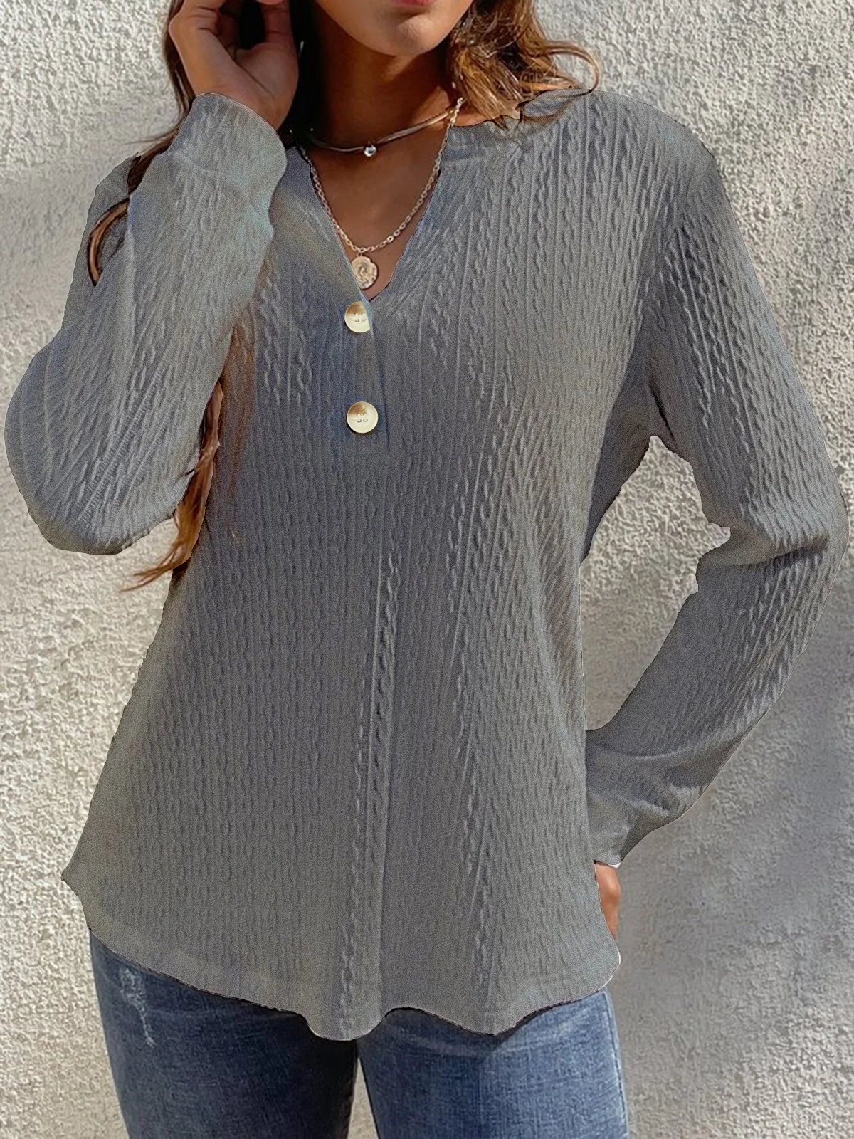 Loose Plain Notched Casual T-Blouse