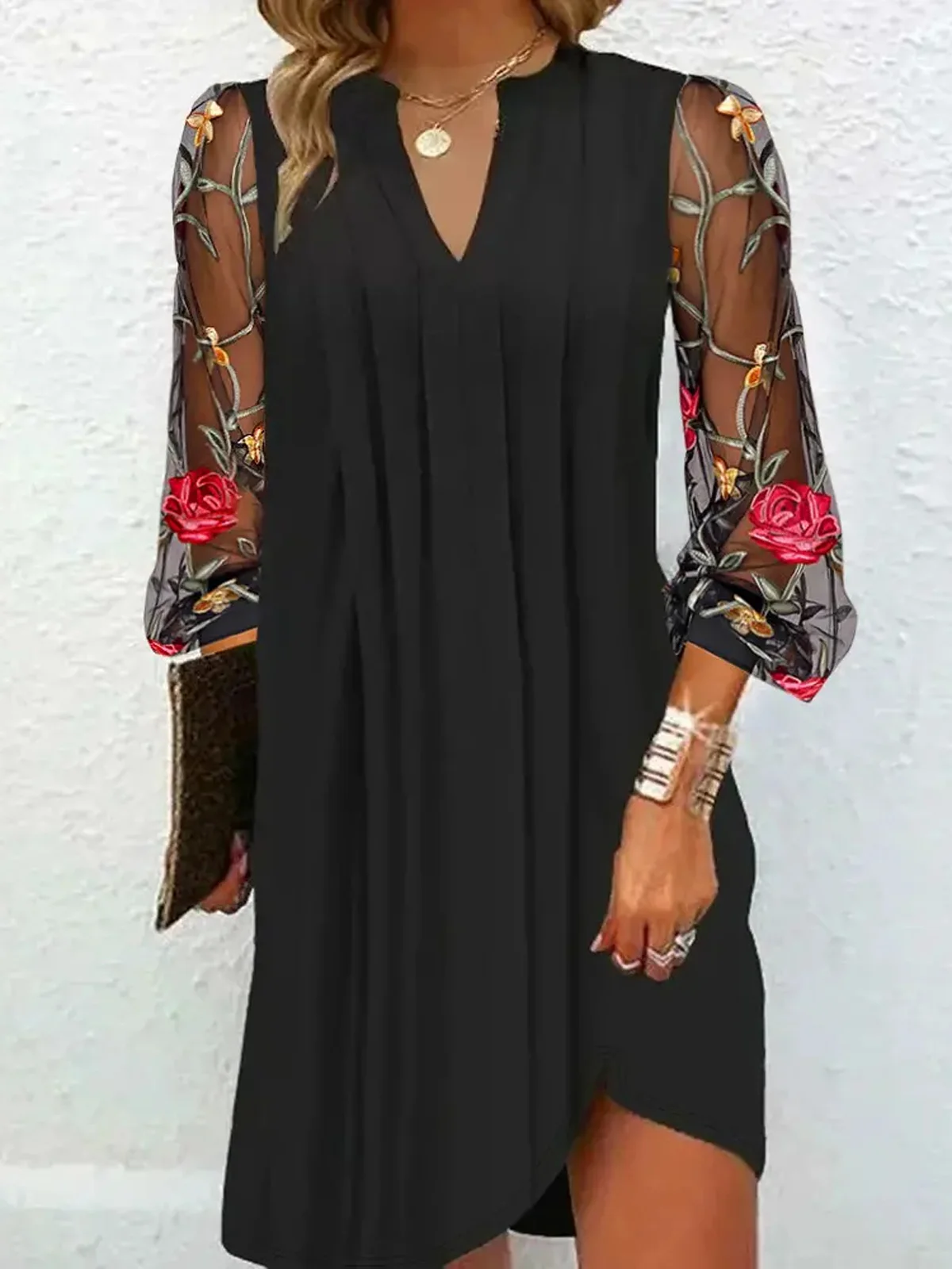 Women's Long Sleeve Spring/Fall Floral Mesh Dress V Neck Daily Going Out Casual Mini H-Line