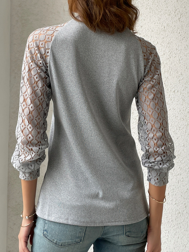 V Neck Casual Plain Lace Bukle T-Shirt