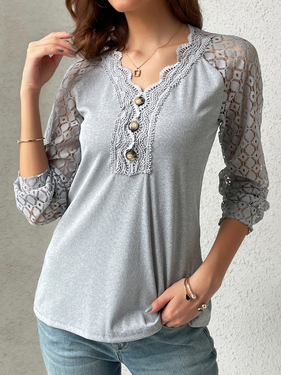 V Neck Casual Plain Lace Bukle T-Shirt