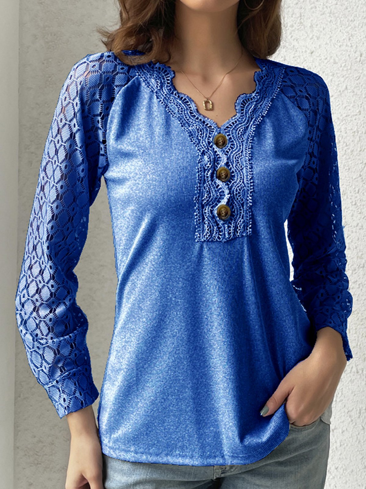 V Neck Casual Plain Lace Bukle T-Shirt