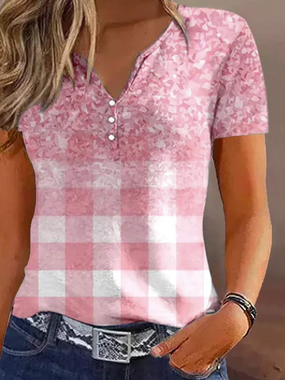 Women's Short Sleeve Tee T-shirt Summer Plaid Buckle Notched Casual Top