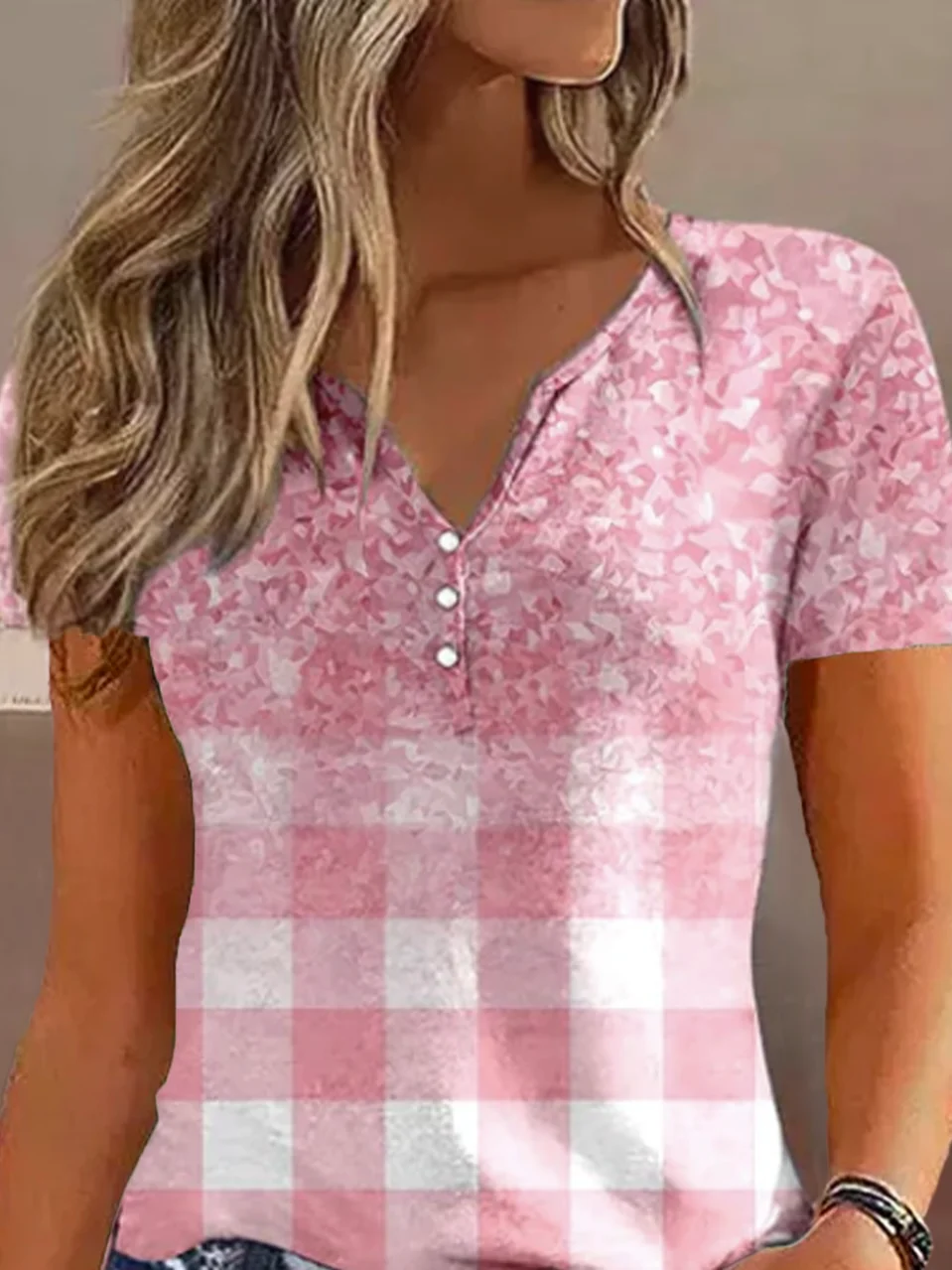 Women's Short Sleeve Tee T-shirt Summer Plaid Buckle Notched Casual Top