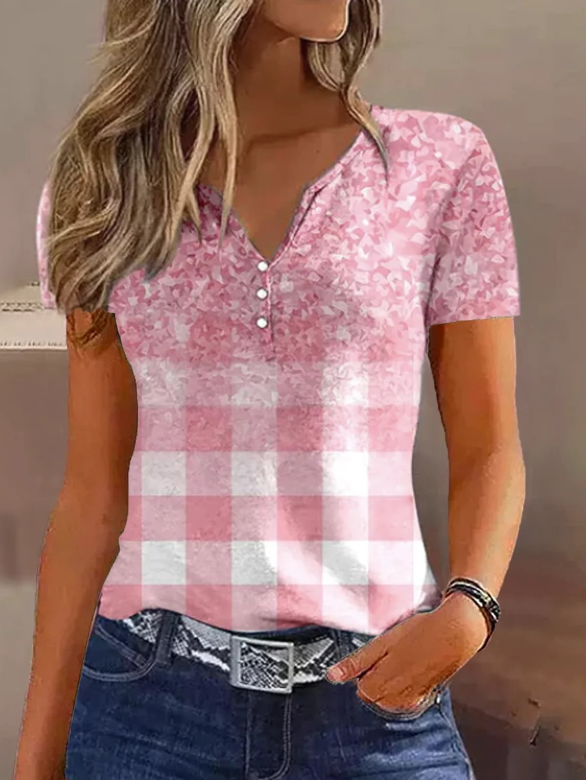 Women's Short Sleeve Tee T-shirt Summer Plaid Buckle Notched Casual Top