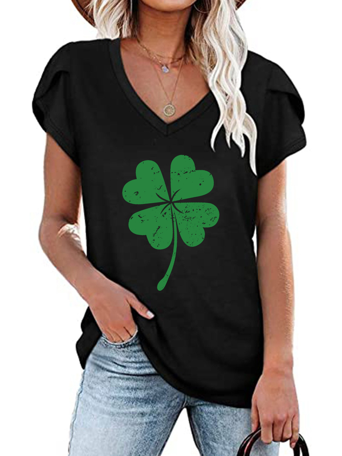 Women's Four-leaf Clover Short Sleeve Tee T-shirt V Neck Casual Summer Top