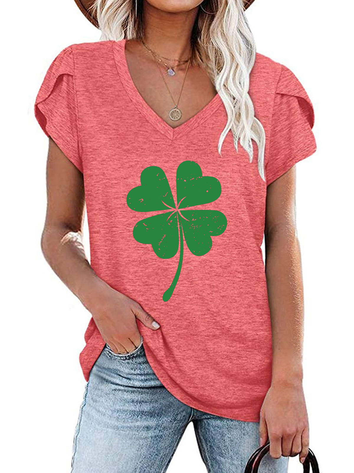 Women's Four-leaf Clover Short Sleeve Tee T-shirt V Neck Casual Summer Top