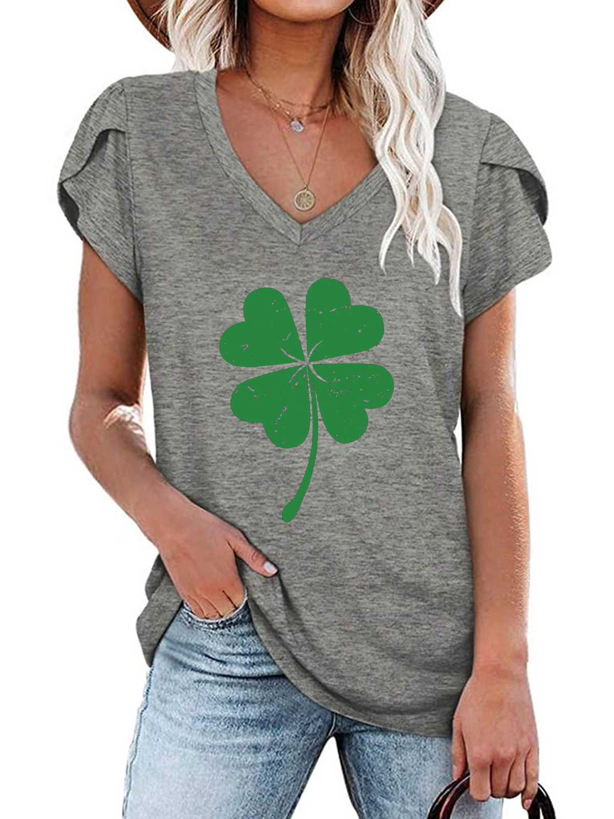 Women's Four-leaf Clover Short Sleeve Tee T-shirt V Neck Casual Summer Top