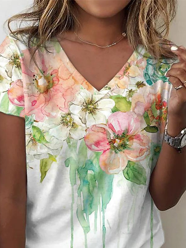 Women's Short Sleeve Tee T-shirt Summer Floral V Neck Casual Top