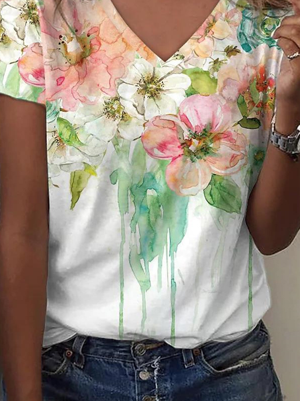 Women's Short Sleeve Tee T-shirt Summer Floral V Neck Casual Top