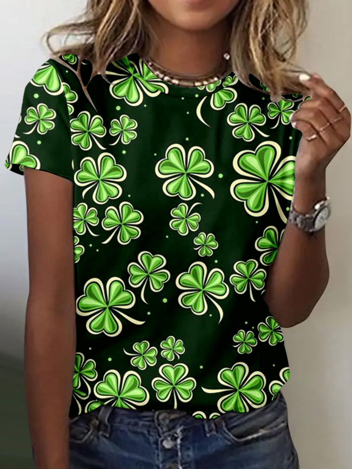 Women's Four-leaf Clover Short Sleeve Tee T-shirt Crew Neck Lace Casual Summer Top