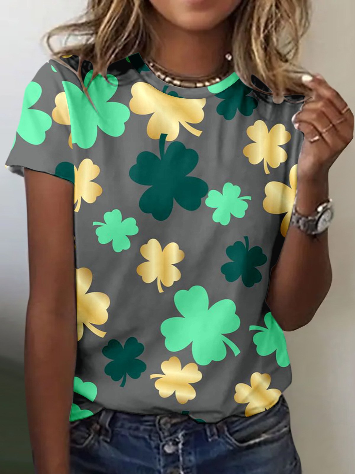 Women's Four-leaf Clover Short Sleeve Tee T-shirt Crew Neck Lace Casual Summer Top