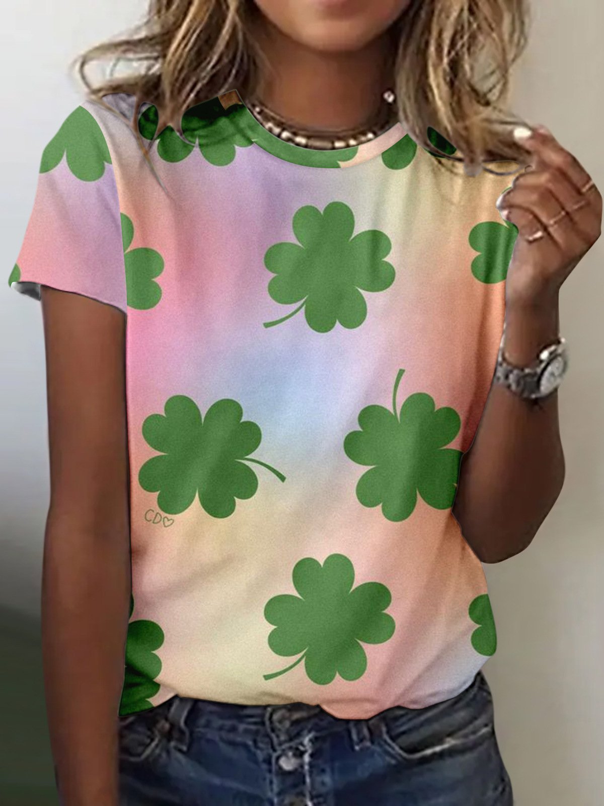 Women's Four-leaf Clover Short Sleeve Tee T-shirt Crew Neck Lace Casual Summer Top