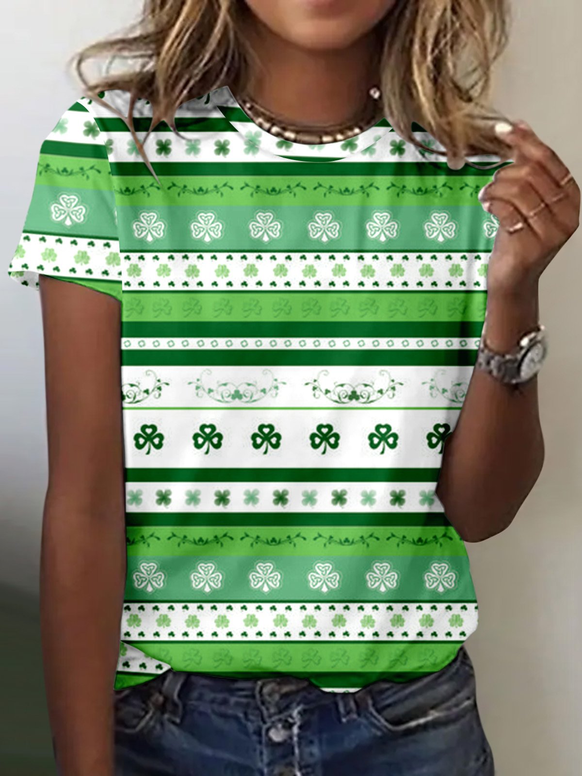 Women's Four-leaf Clover Short Sleeve Tee T-shirt Crew Neck Lace Casual Summer Top