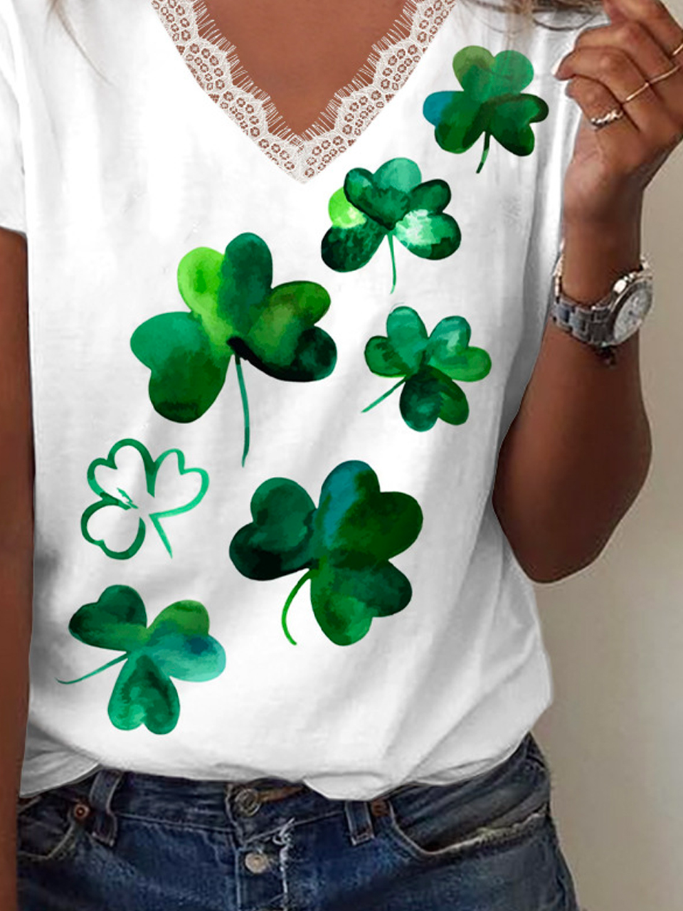 Women's Four-leaf Clover Short Sleeve Tee T-shirt V Neck Lace Casual Summer Top