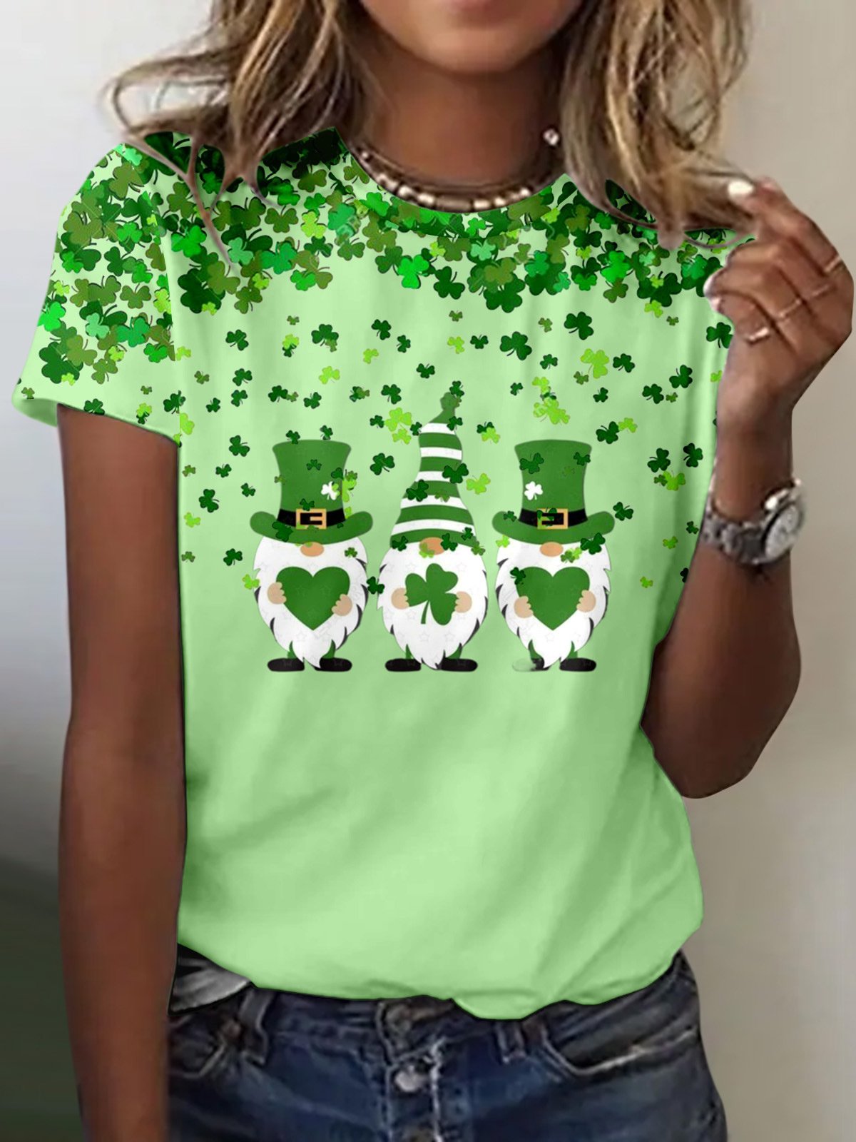 Women's Four-leaf Clover Short Sleeve Tee T-shirt Crew Neck Lace Casual Summer Top