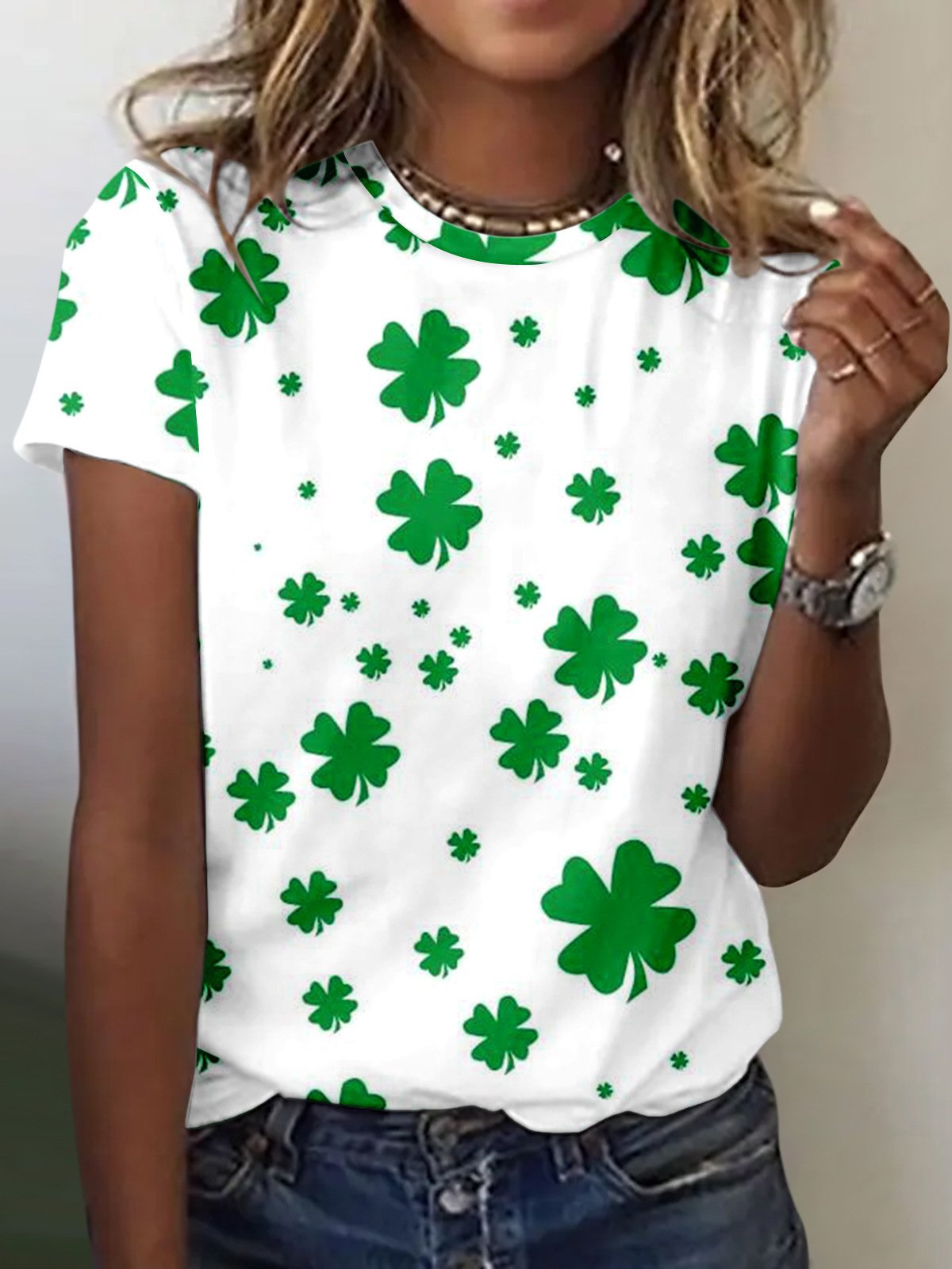 Women's Four-leaf Clover Short Sleeve Tee T-shirt Crew Neck Lace Casual Summer Top