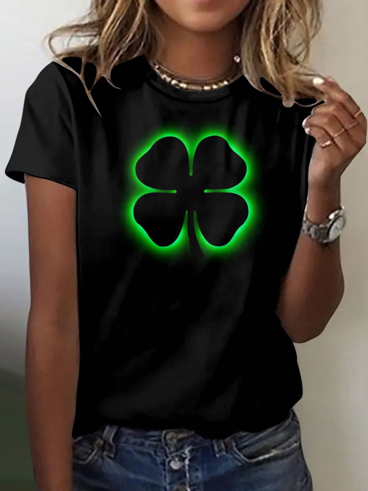 Women's Four-leaf Clover Short Sleeve Tee T-shirt Crew Neck Lace Casual Summer Top