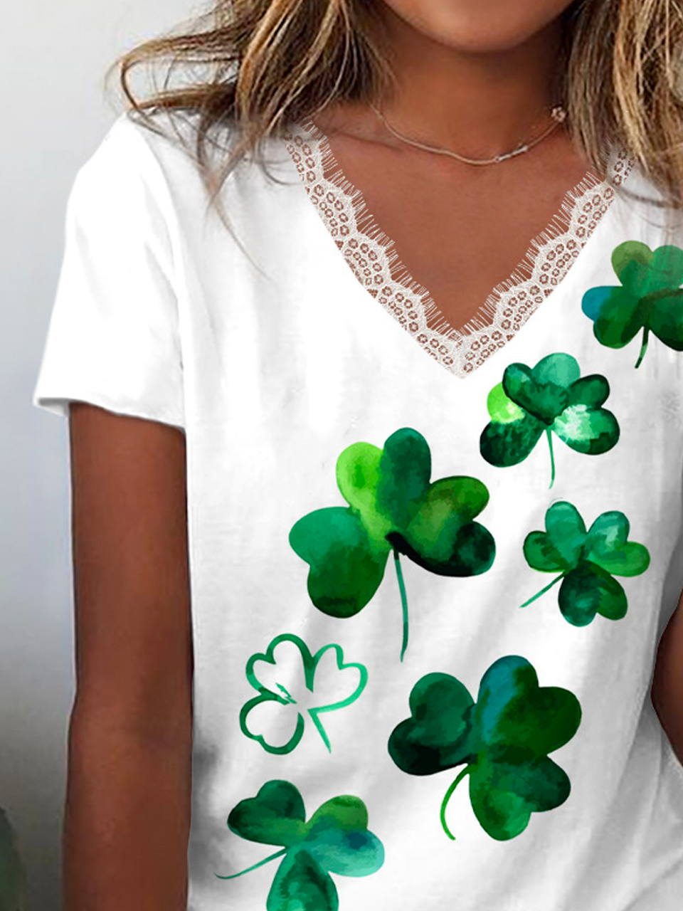 Women's Four-leaf Clover Short Sleeve Tee T-shirt V Neck Lace Casual Summer Top