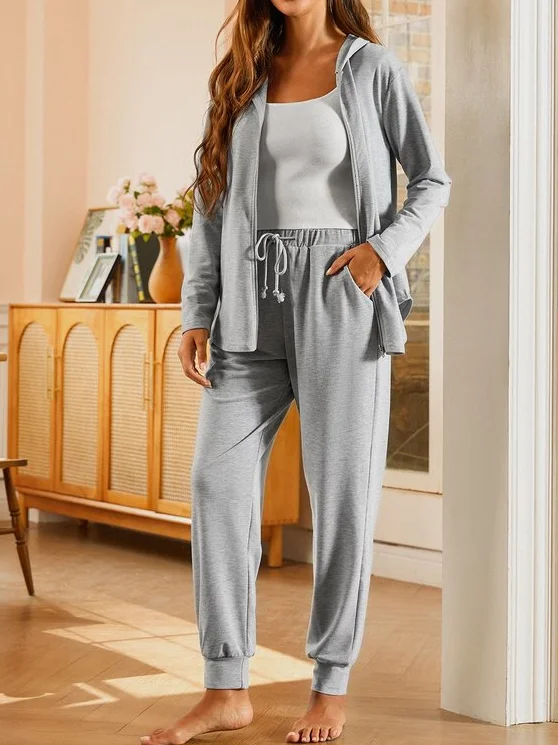 Women's plain casual loose zipper hooded lightweight Two Piece Sets