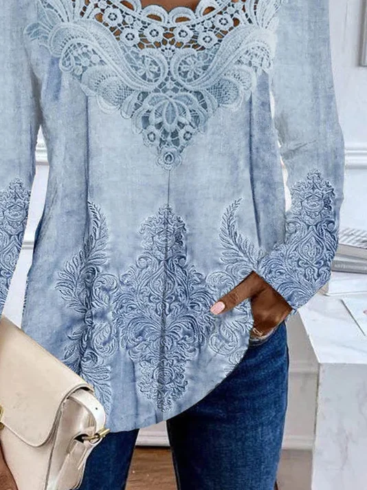 Women's Long Sleeve Blouse Spring/Fall Random Print Lace Jersey Crew Neck Daily Going Out Casual Top Blue