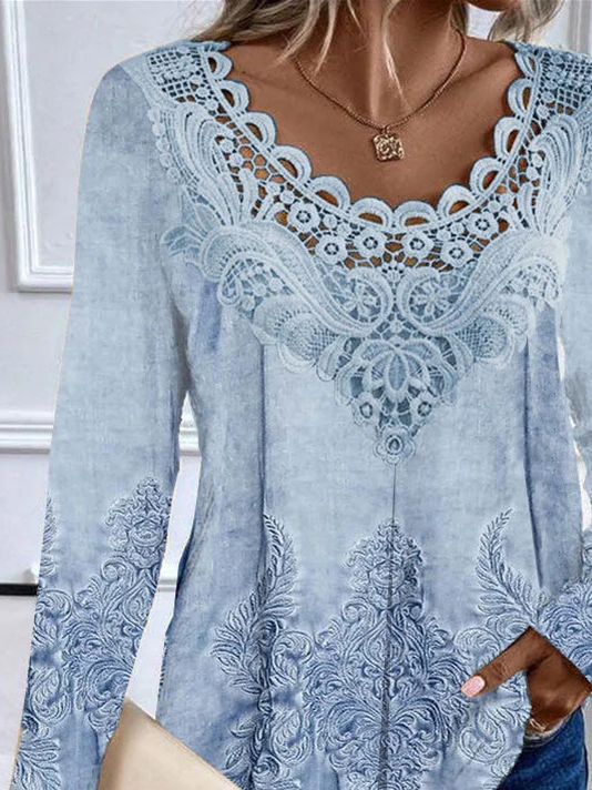 Women's Long Sleeve Blouse Spring/Fall Random Print Lace Jersey Crew Neck Daily Going Out Casual Top Blue