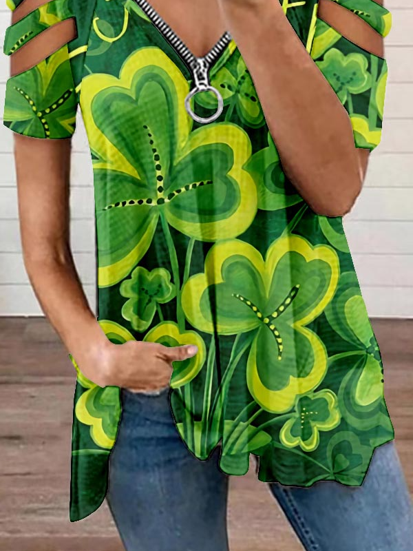 Women's Shamrock Short Sleeve Tee T-shirt V Neck Zipper Casual Summer Tunic Top