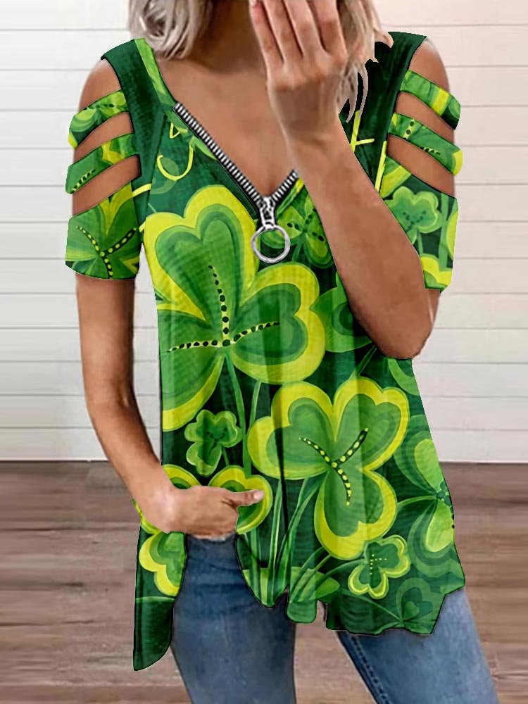 Women's Shamrock Short Sleeve Tee T-shirt V Neck Zipper Casual Summer Tunic Top