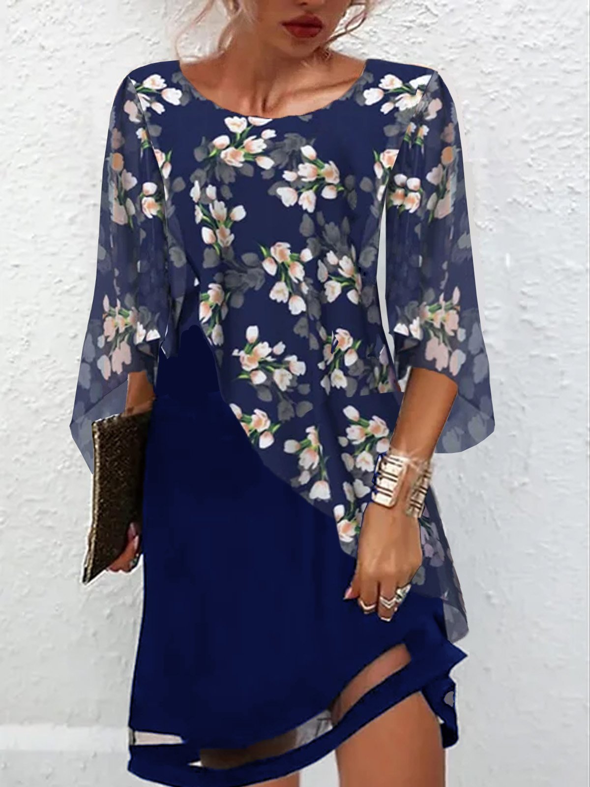 Women's Three Quarter Sleeve Spring/Fall Floral Dress Crew Neck Holiday Going Out Casual Midi H-Line